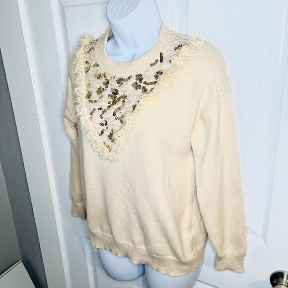 Modcloth Molly Bracken Gold Sequin Lace Yoke Sweater Cream S - Picture 6 of 9